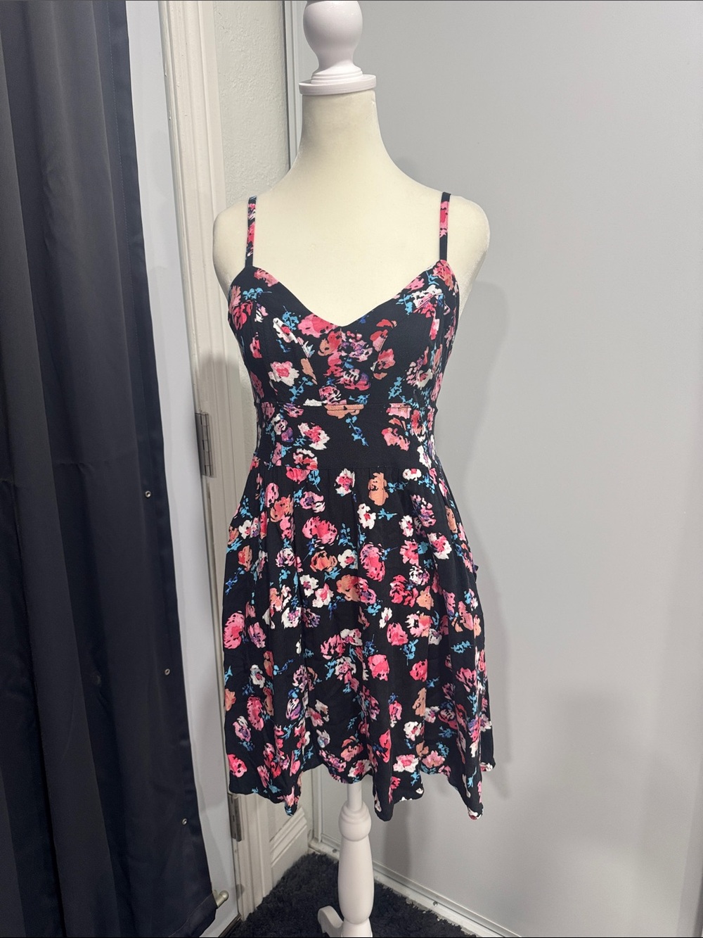 Floral Black Spaghetti-Strap Sundress - Pink & Blue Floral